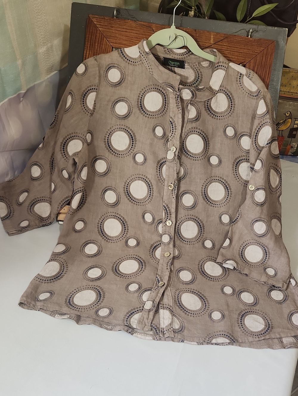 Cherish Polka Dot Blouse in Beige, Navy, & White 100% Linen